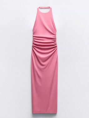 Zara Rose-Pink Halter Ruched Maxi Dress